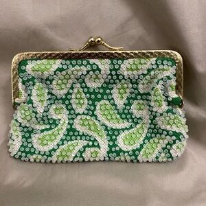 Elegant Vintage Green and White Beaded Clutch  Money wallet made in Hong Kong